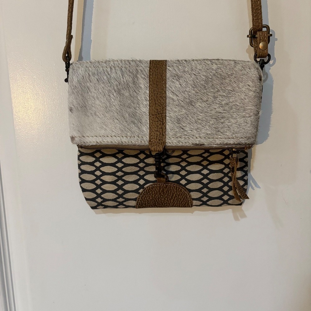 Myra Bag Cowhide Canvas Crossbody Bag Western Boho Small Foldover Purse